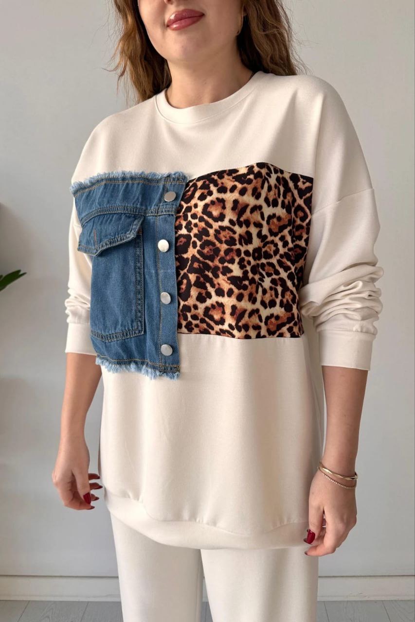 Mas3324 2 pcs set color-block-leopard print-denim design casual set